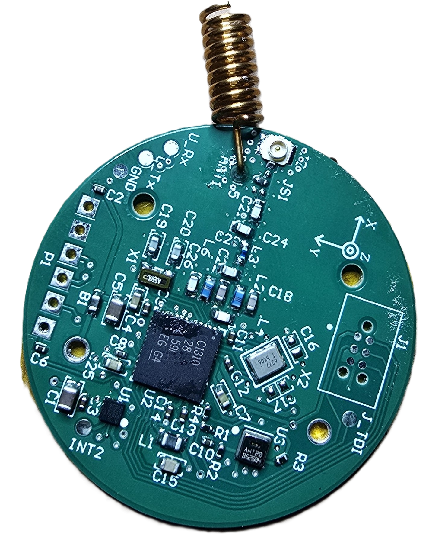 Custom circular CC1310 Sub-GHz sensor PCB with environmental and motion sensors and a helical antenna.